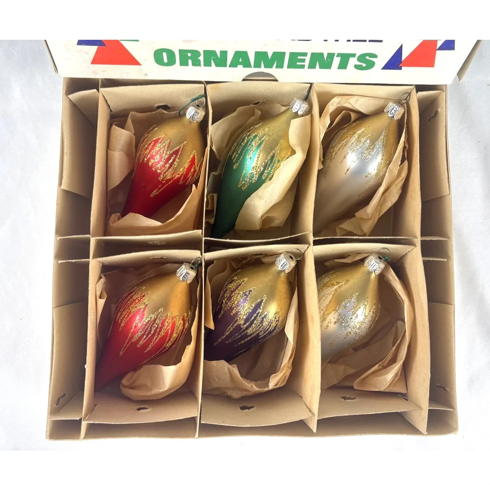 Vintage Romanian style Hand Decorated Glass Teardrop Finial Ornaments Set of 6